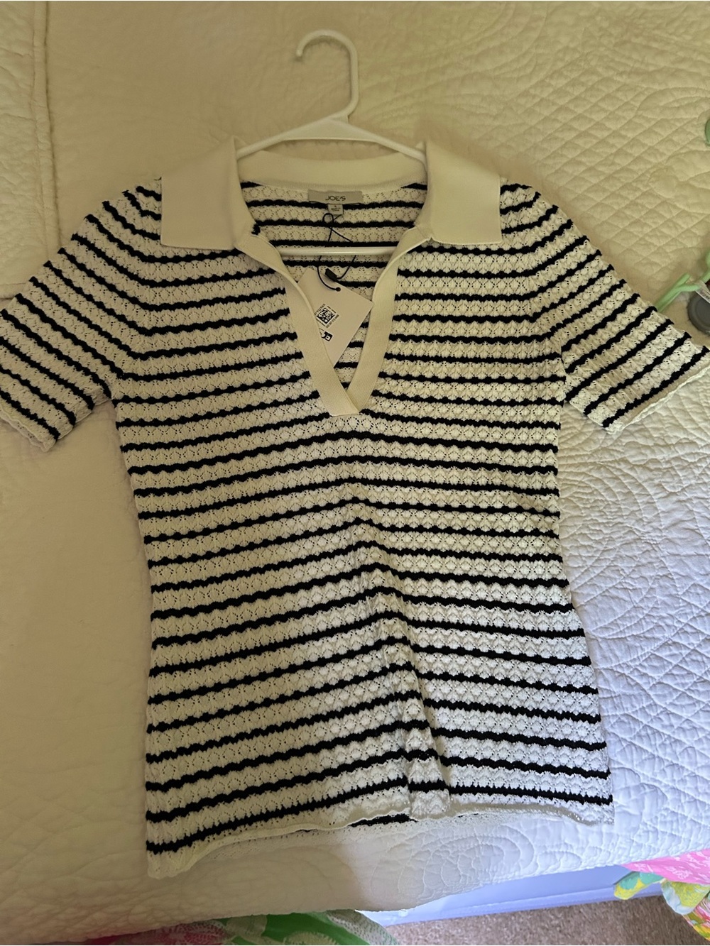 Joe's Jeans Black & White Striped Crochet Polo top